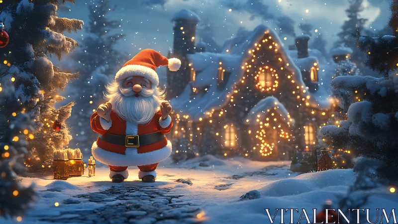 Stylized 3D Santa in snowy village with warm festive bokeh