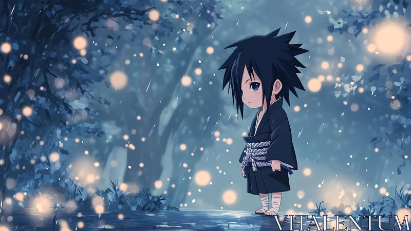 Solitary child figure in stylized blue forest environment.