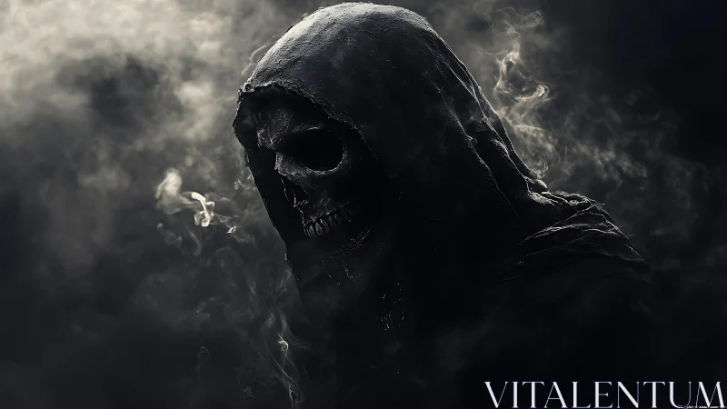 Hooded skeletal figure in dense swirling smoke environment.