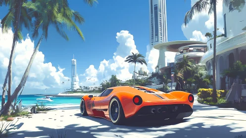 Sunlit hypercar lounging by a futuristic tropical marina.