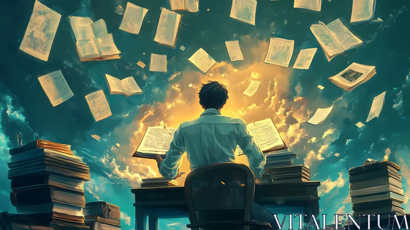 Man at desk surrounded by flying pages and glowing sky