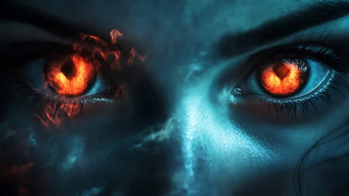 Intense glowing fiery eyes in close-up fantasy portrait.