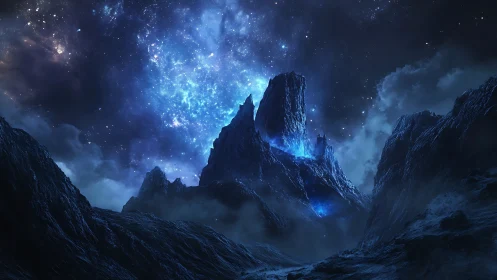 Luminescent alien peaks rise beneath a dense galactic nebula