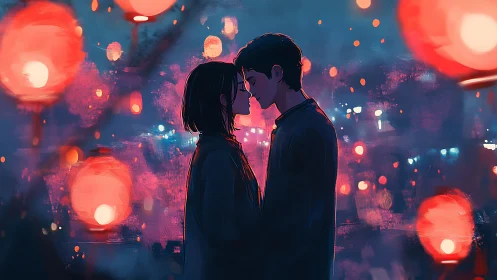 Intimate couple silhouette against bokeh lantern nightscape