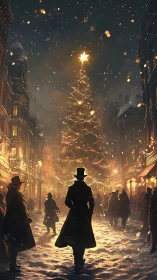 Victorian starlit Christmas street under storybook snowfall.