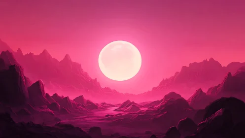 High-saturation alien canyon under oversized luminous sun disk