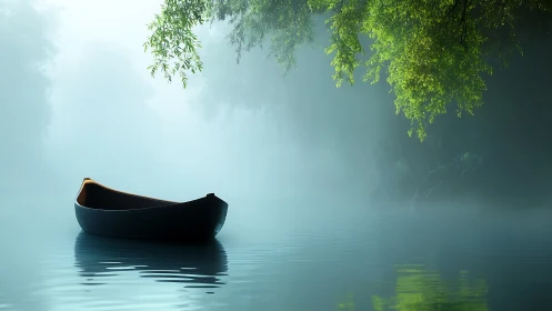 Gentle misty lake holds a quiet wooden rowboat at dawn