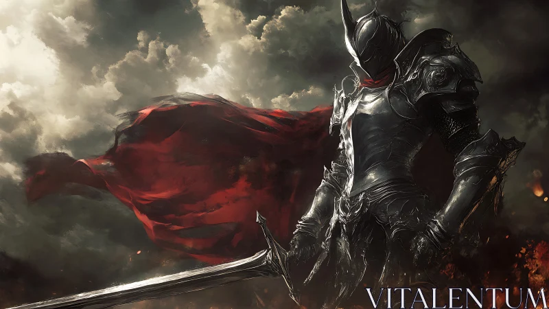 Storm-lit dark knight stands ready with a blazing red cloak