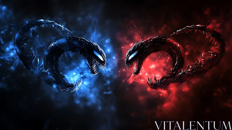 Blue and red serpentine creatures in mirrored formation.