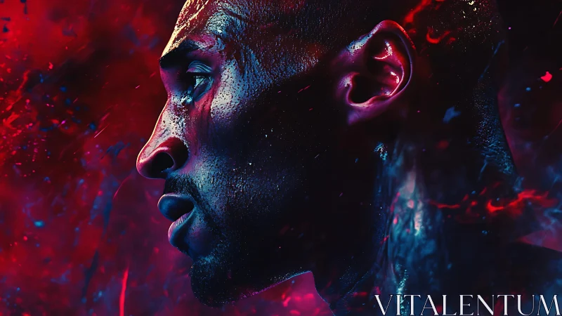 Profile portrait of male subject in red and blue light.