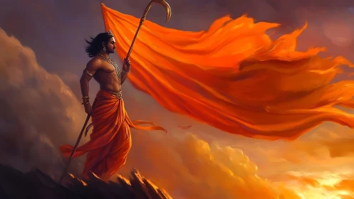 Warrior on cliff holding large orange flag at sunset.
