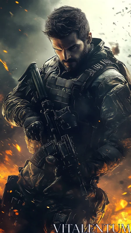 Embers orbit a battle hardened soldier frozen mid advance