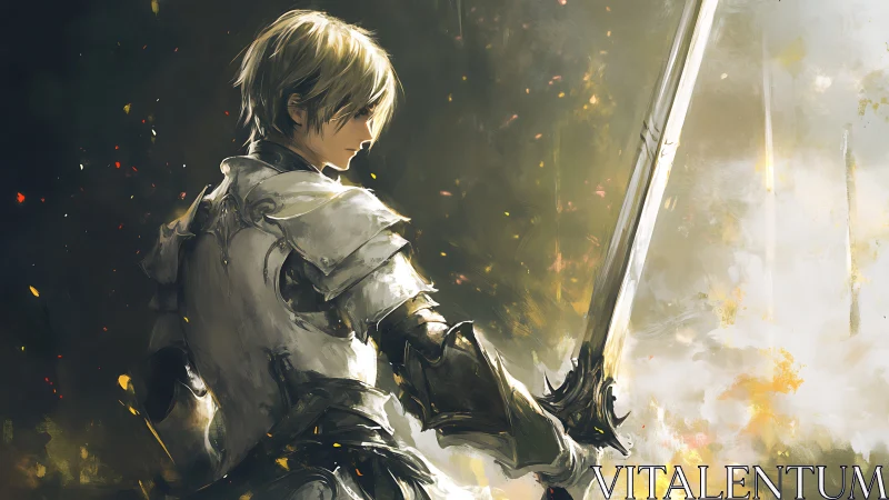 Digital painting of armored swordsman in luminous battlefield haze.