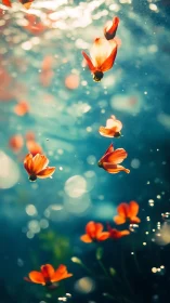 Floating Red Flowers Against Teal Bokeh.