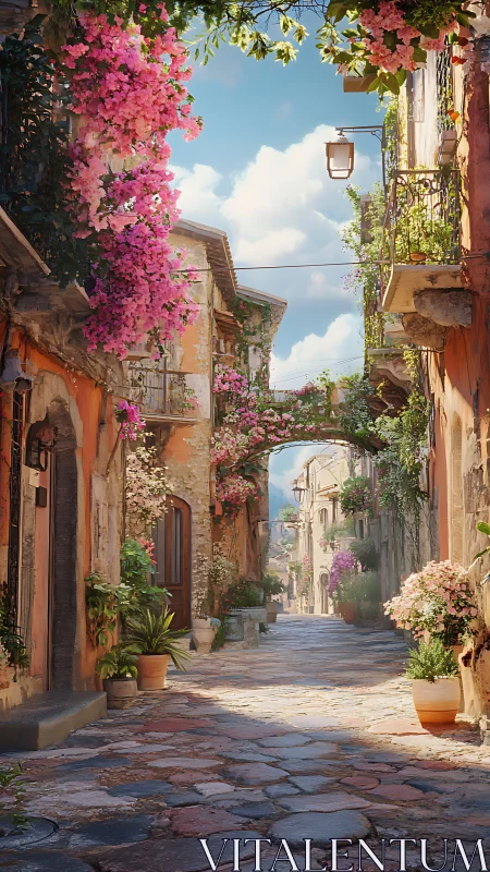 Sunlit cobblestone lane drifts under a cascade of blossoms