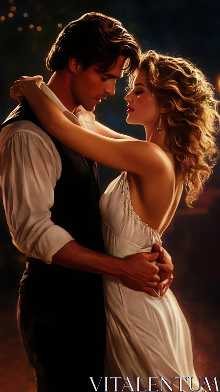 Romantic couple embrace, golden hour lighting.