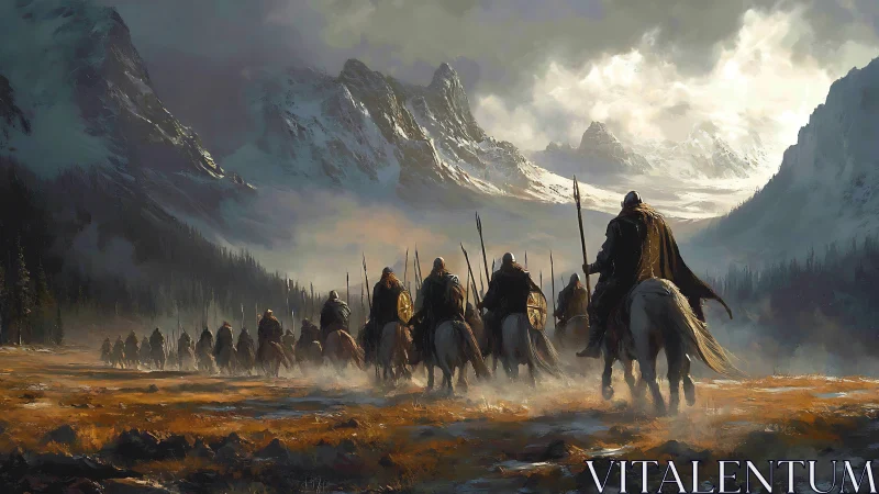 Mounted medieval warband crossing misty alpine valley