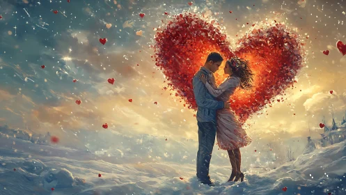 Romantic Couple Embracing Against Luminous Heart Particle Effect