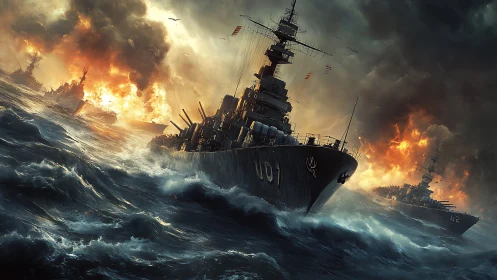Warships cut through storm-tossed sea amid incendiary bombardment