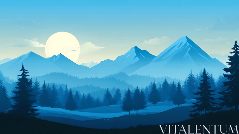 Moonlit blue mountains trade whispers with patient pine forests