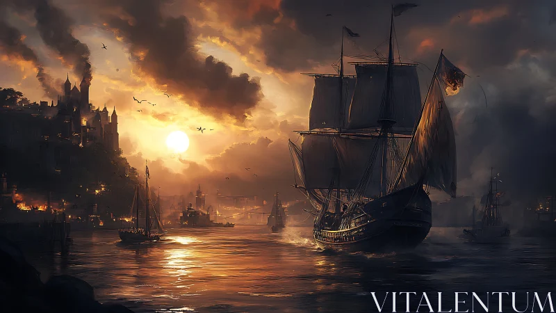 Sunlit galleon departs fortified harbor under dramatic volumetric clouds