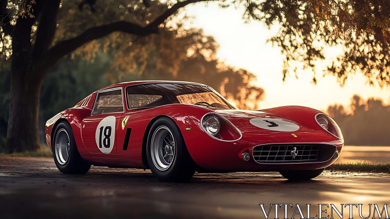 Sunlit classic red race car glowing by the lakeside.
