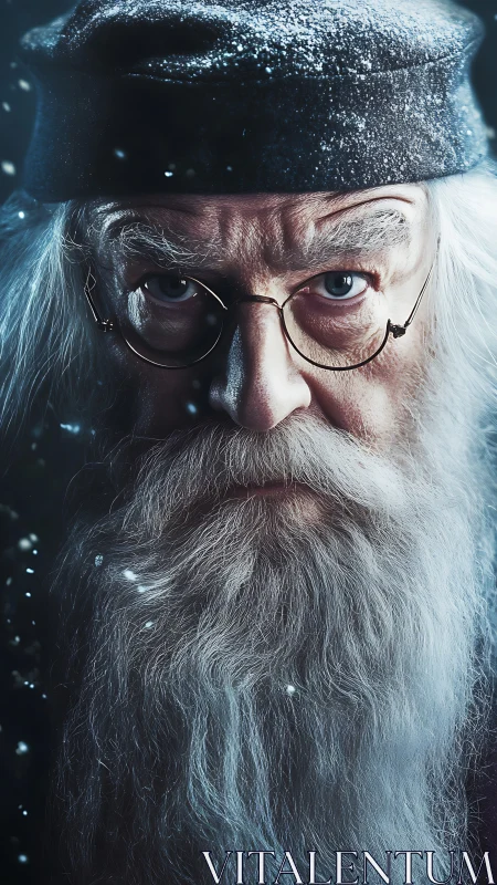 Snow-dusted elderly wizard portrait under cold blue light