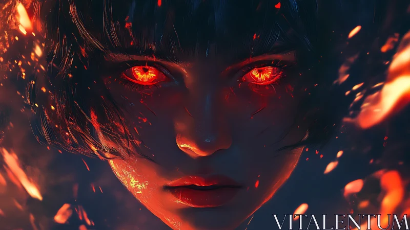 Fiery-eyed heroine emerges from embers in vivid digital art.