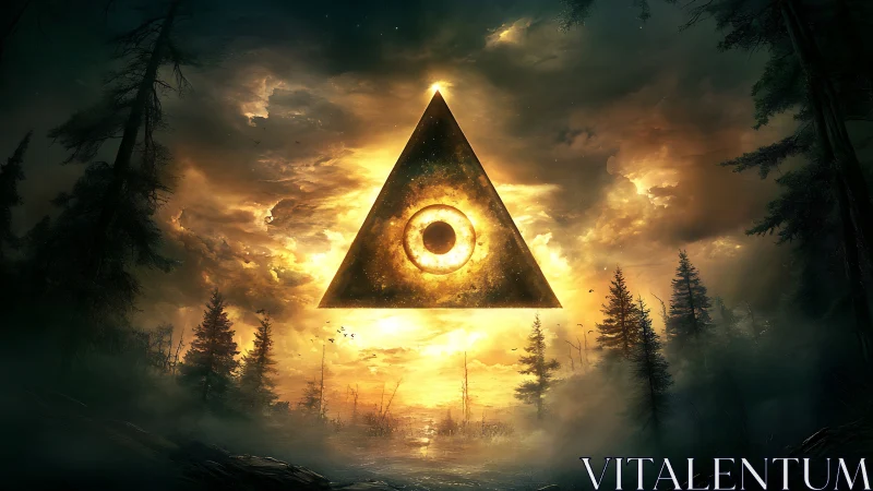 Luminous triangle eye hovers over dark misty forest horizon