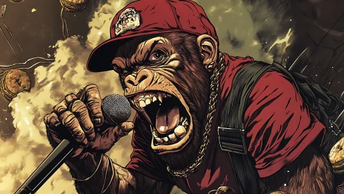 Anthropomorphic chimpanzee vocalist in cap holding microphone.