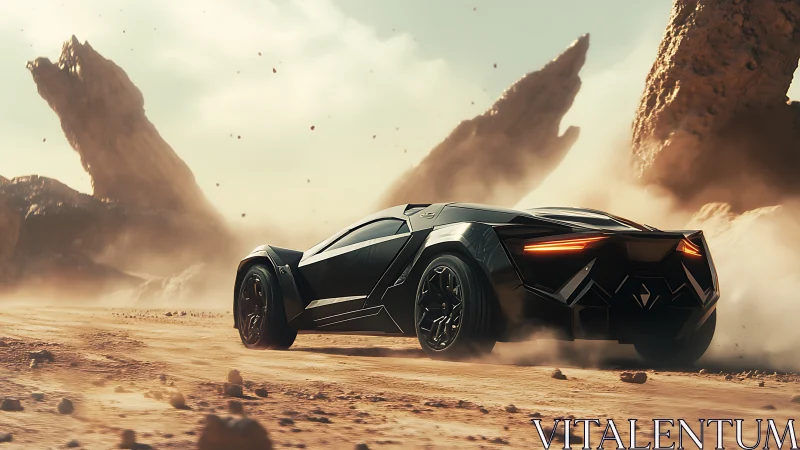 Futuristic supercar racing through cinematic desert storms.