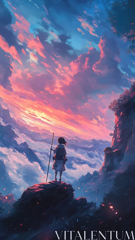 Young wanderer greets a cloudsea sunrise in blazing color.