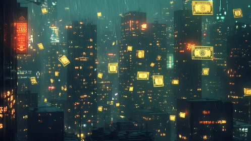 Neon drenched megacity skyline with luminous banknotes in rainfall