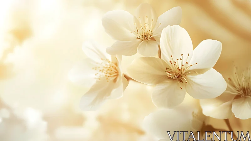 Delicate White Blossoms Glowing with Serene, Golden Warmth