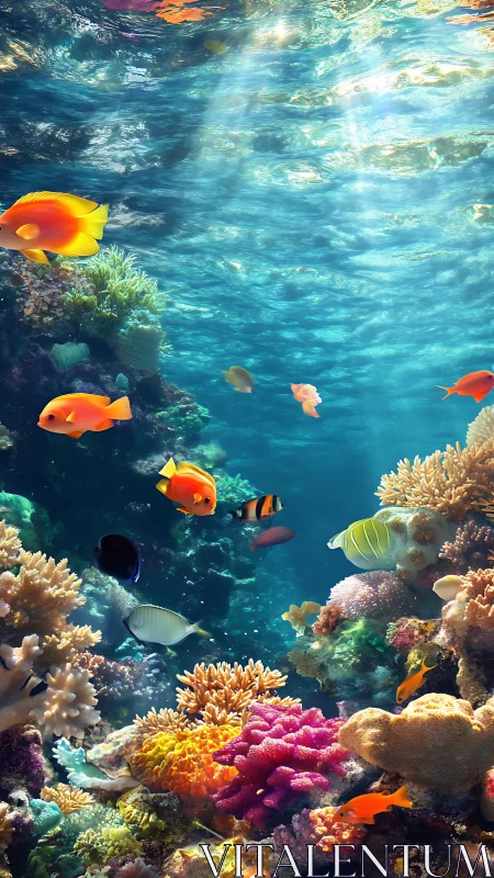 Vibrant coral reef ecosystem with tropical fish and caustic light.