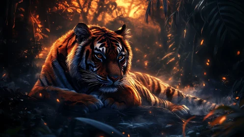 Majestic tiger rests in ember‑lit jungle twilight glow
