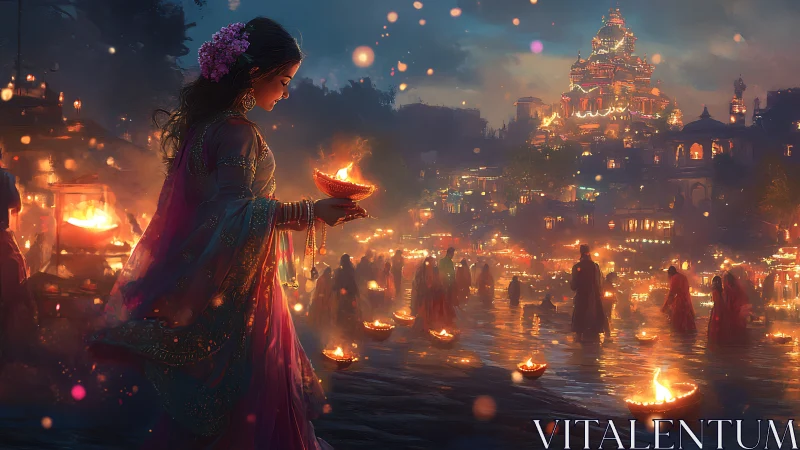 Riverbank night festival with diya lamps and ornate temple glow