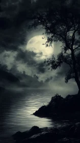 Full moon drenches a misty lakeshore in haunting silver light