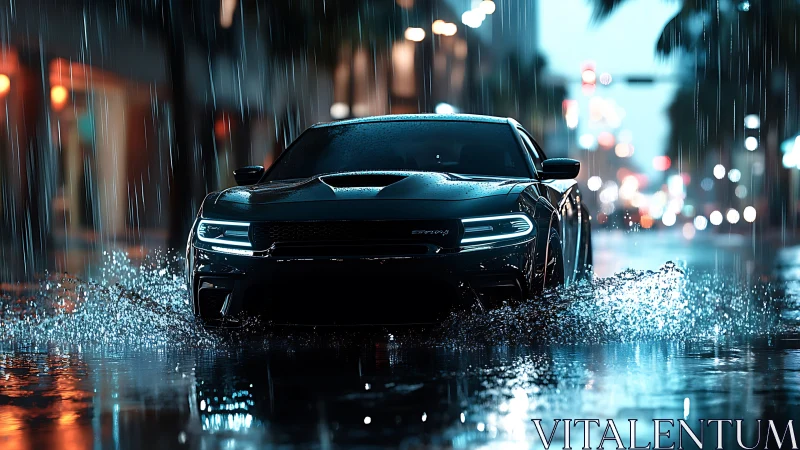 Midnight muscle car slashes neon rain on city streets.