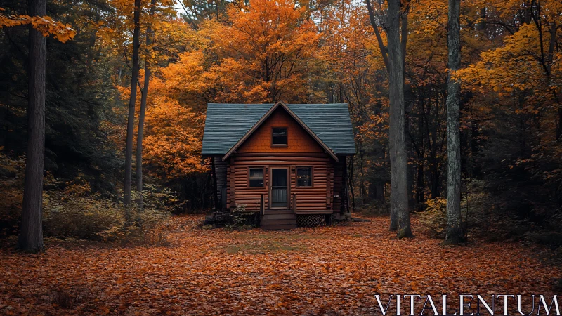 Red Cabin Nested in Golden Autumn Forest.