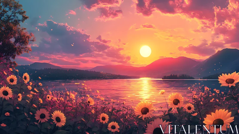 Sunlit lake sunset behind mountains and glowing sunflowers.