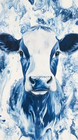 Monochrome blue cow portrait blends realism with fluid abstraction