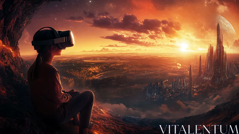 Child in VR headset surveys luminous sci‑fi megacity at sunset
