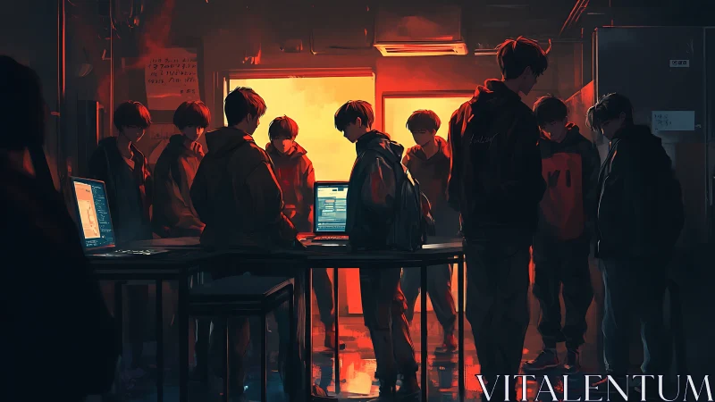 Digital painting of hacker collective in neon backlit lab interior.