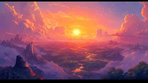 Radiant fantasy sunrise pours light across misty valleys