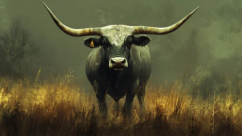 Majestic longhorn bull standing proud in golden wild grasslands.