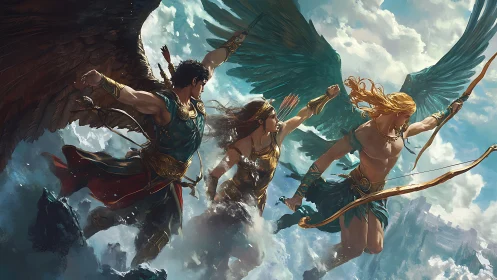 Winged warriors carve thunderous paths through painted skies