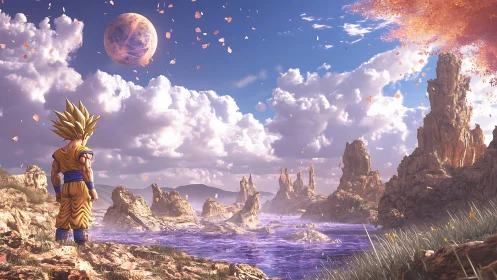 Saiyan warrior overlooking violet alien river valley.