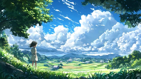 Summer wind girl gazes across cloud-bright country horizon.