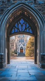 Gothic stone archway framing distant chapel entrance.